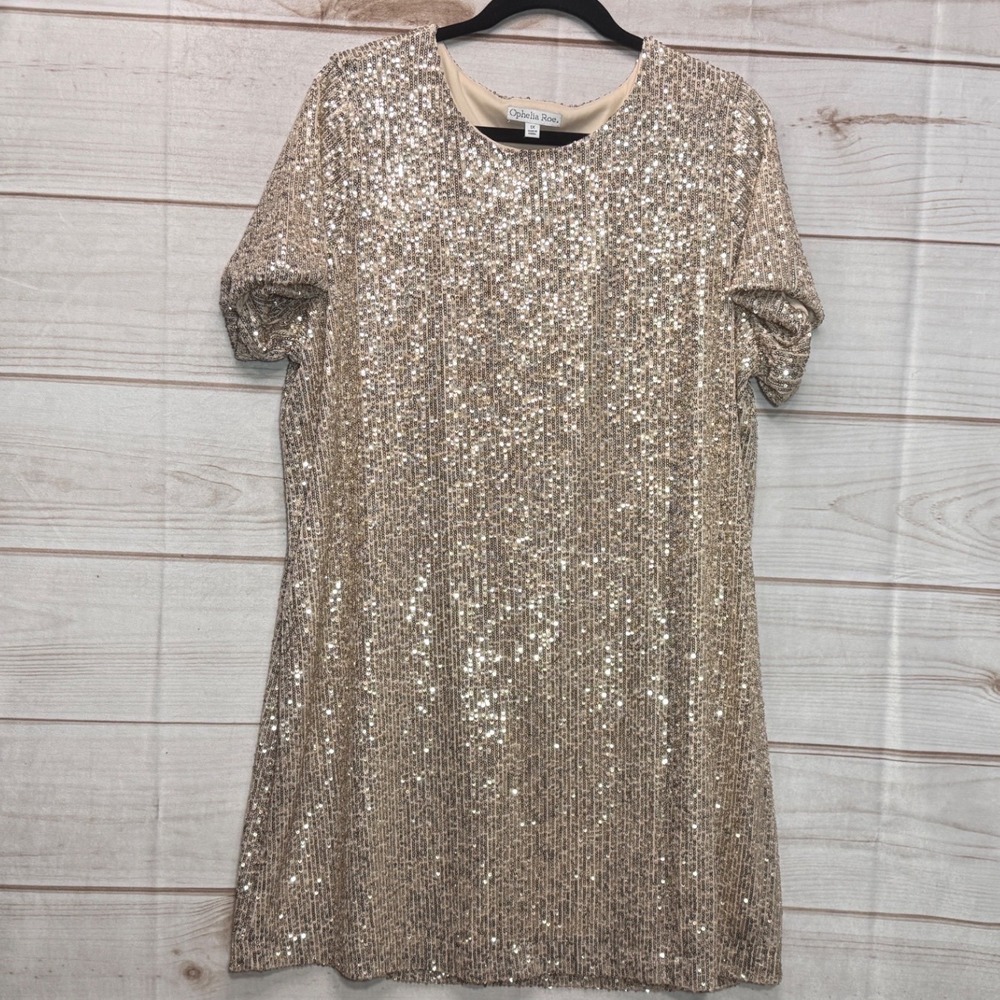 Ophelia Roe Womens 1X Champagne Gold Sequin Short Sleeve Shift Cocktail Dress